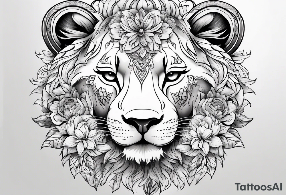 lioness head with with floral head tattoo idea