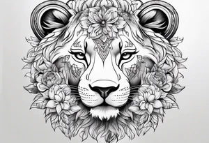 lioness head with with floral head tattoo idea