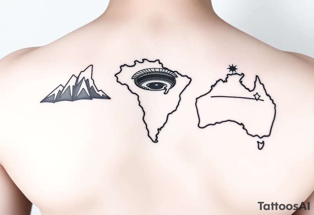 outline of North America, Brazil, Australia. Mountains in outline of North America, Soccer Stadium in outline of Brazil, and Beach in outline of Australia. tattoo idea