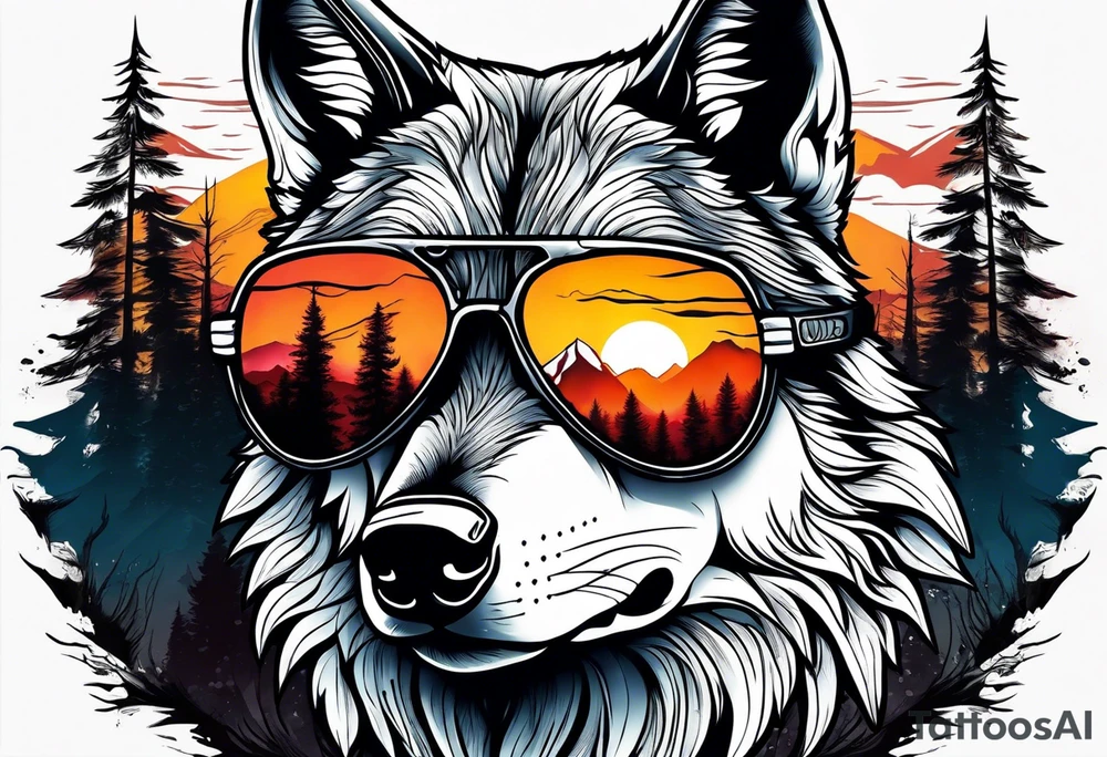 Badass wolf wearing sunglasses
Dark woods
Mountain peaks
Sunset tattoo idea