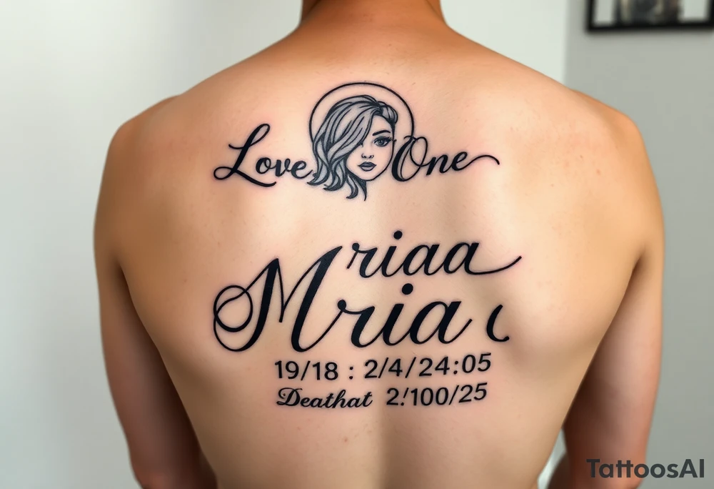 Love one tattoo with the name nriaa 9/24/05 death date 2/10/25 black lining, less shade in including a halo on thigh girl tattoo idea
