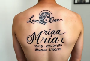 Love one tattoo with the name nriaa 9/24/05 death date 2/10/25 black lining, less shade in including a halo on thigh girl tattoo idea