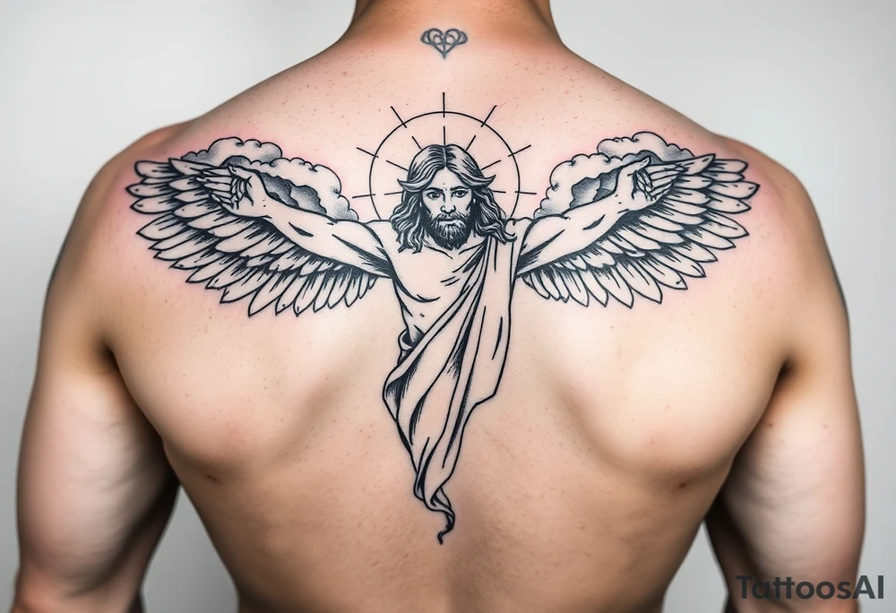 magestic christ with clouds wings black and white tattoo idea
