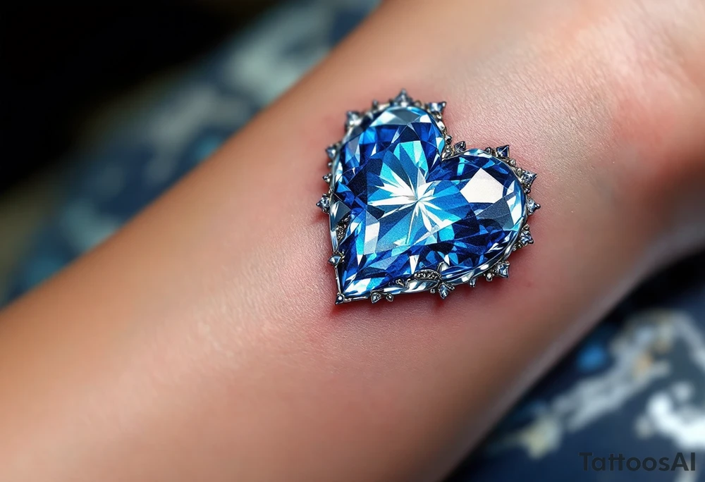 A gemstone heart, encased in transparent glass, with a sapphire blue and diamond white glow, capturing the brilliance of love. tattoo idea