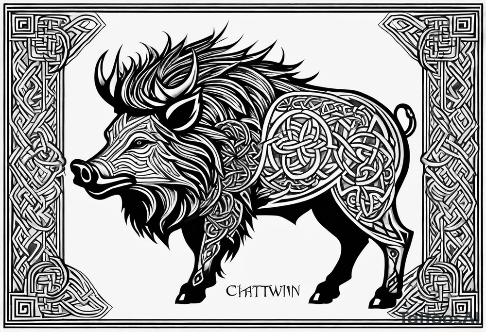 A classic tribal Celtic boar Integrated with a Chatwin, family crest and a Thistle. Simple with few lines. tattoo idea