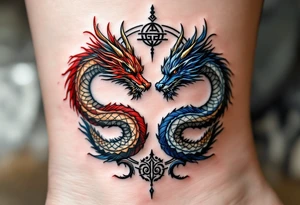 A mirrored twin dragon design, one fiery red and gold, the other icy blue and silver, intertwined in a circular dance and with Gemini glyph tattoo idea