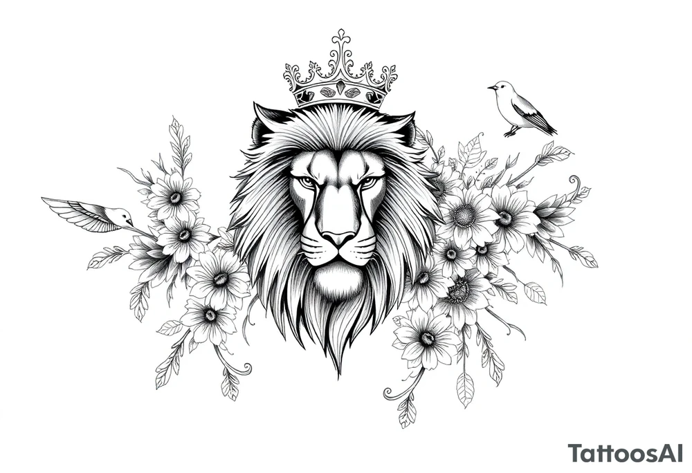 powerful majestic lion with a crown, surrounded by floral ornaments and birds tattoo idea