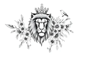 powerful majestic lion with a crown, surrounded by floral ornaments and birds tattoo idea