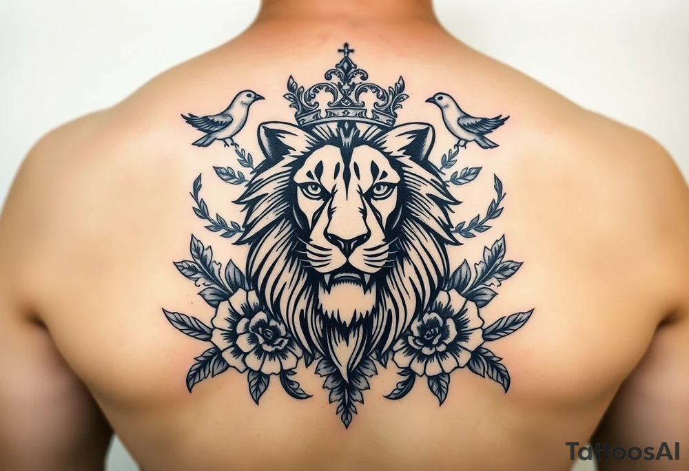 powerful majestic lion with a crown, surrounded by floral ornaments and birds tattoo idea