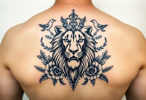 powerful majestic lion with a crown, surrounded by floral ornaments and birds tattoo idea