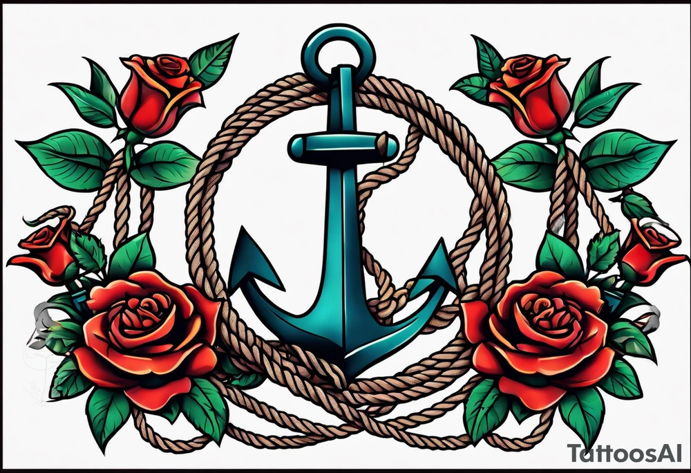 old school anchor sitting at an angle 
with rope wrapped around anchor and banner across anchor and old school roses tattoo idea