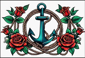 old school anchor sitting at an angle 
with rope wrapped around anchor and banner across anchor and old school roses tattoo idea