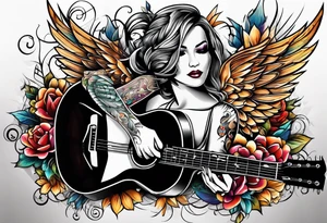 Microphone and musical notes and guitar and wings and country singer tattoo idea