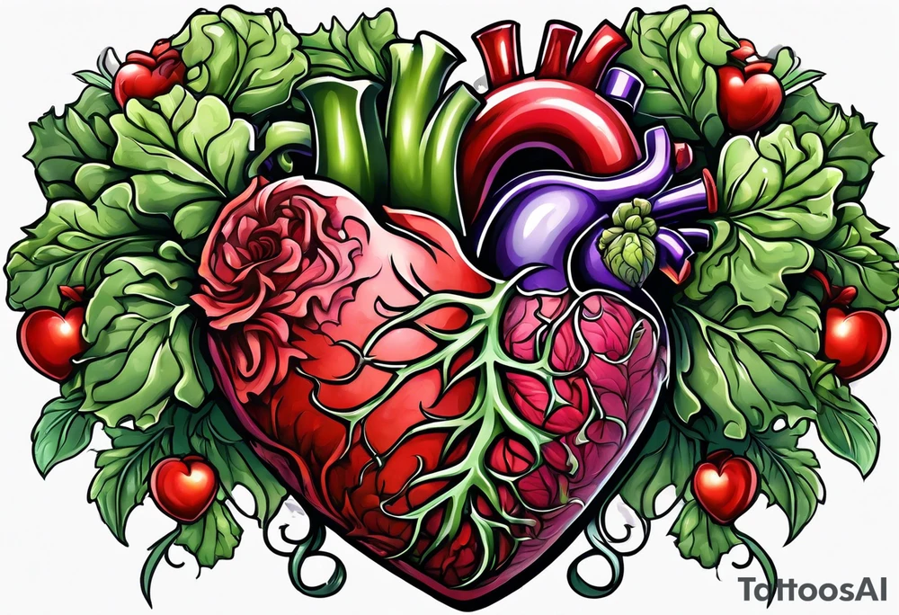 Manly Human heart intertwined with cabbage leaved tattoo idea