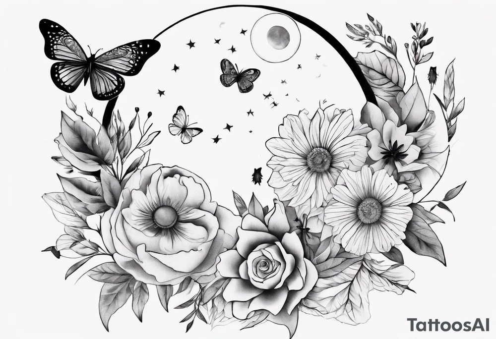Thigh tattoo with floral and butterflies and moon. Show on thigh tattoo idea