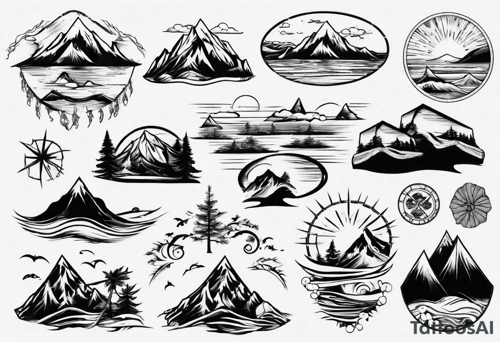 mountains, beach, waves, sunset, camping, trees tattoo idea