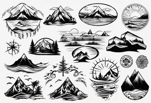 mountains, beach, waves, sunset, camping, trees tattoo idea