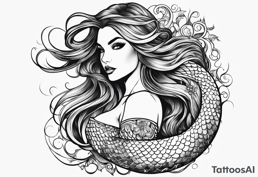 sexy full bodied mermaid with flowing tail and hair, tattoo sleeve tattoo idea
