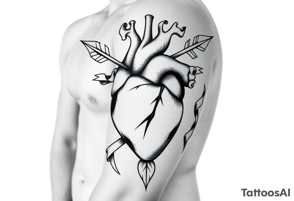 anatomical heart pierced by ornate arrow with flowing ribbons tattoo idea