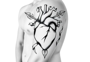 anatomical heart pierced by ornate arrow with flowing ribbons tattoo idea