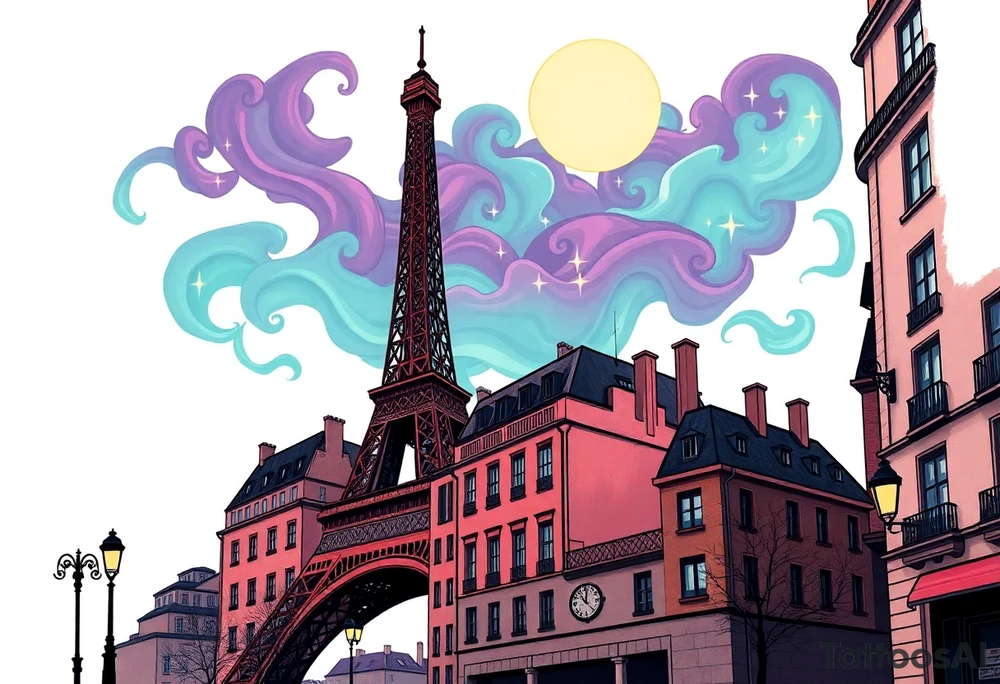Tim Burton’s paris streets with effel tower from outside view is the street abandoned and dripping with muted reds, dusty pinks, and eerie green glow purple and cyan smokey clouds swirl and dance in the moonlit night sky filled with twinkling stars  tattoo idea tattoo idea