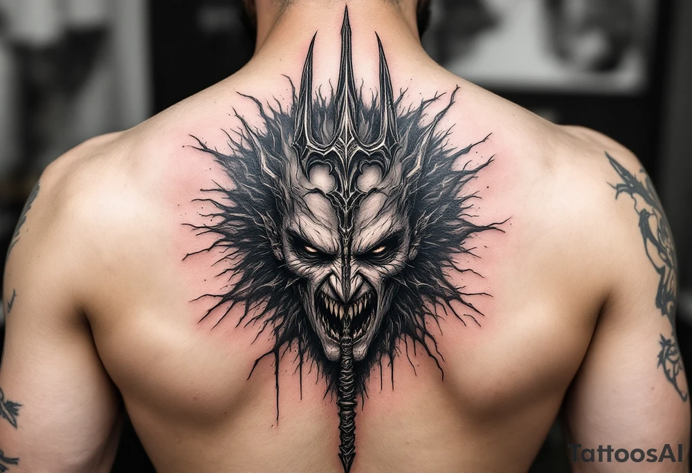 mad man face behind trident tattoo idea