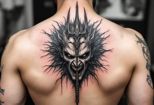 mad man face behind trident tattoo idea