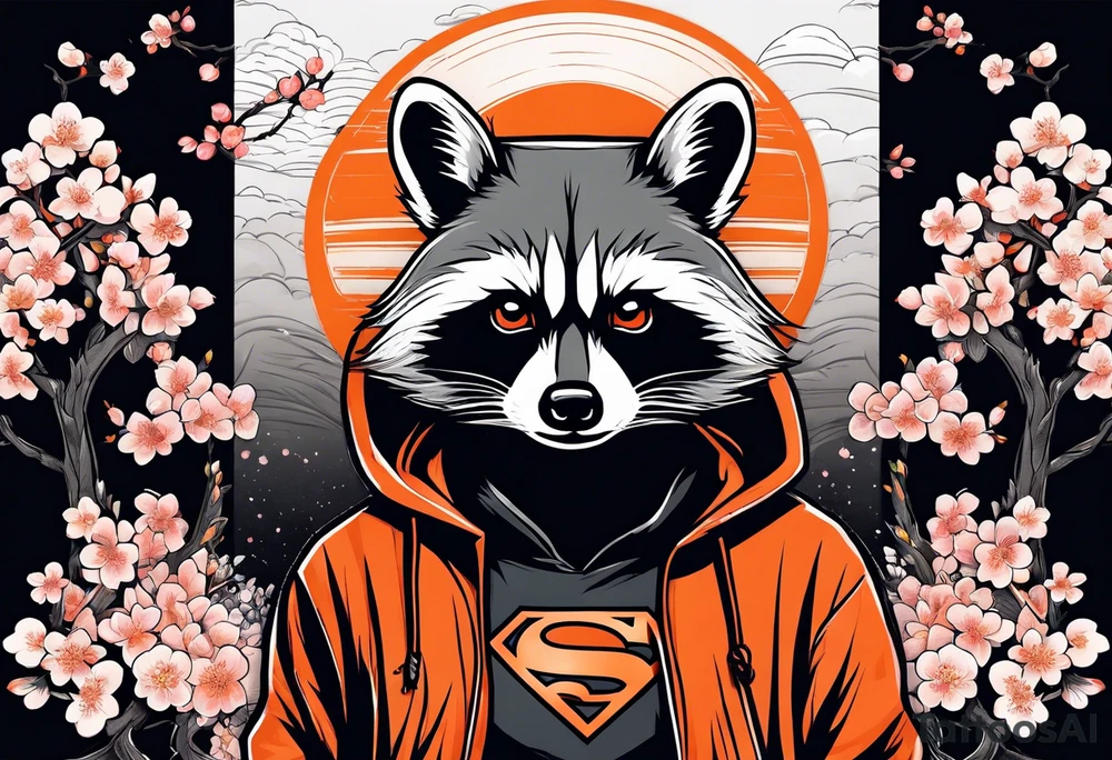 Raccoon wearing a white Superman logo on a black hoodie and orange Japanese cherry blossoms beside tattoo idea