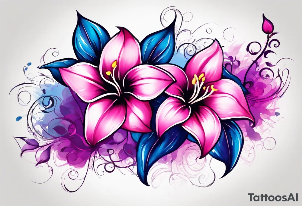 brushstroke abstract pink, purple, and blue mandevilla flowers on a vine, with color leaking out into the background. SOme of the flowers should be full color, and some just linework. It should have a handdrawn, sketch feel. tattoo idea