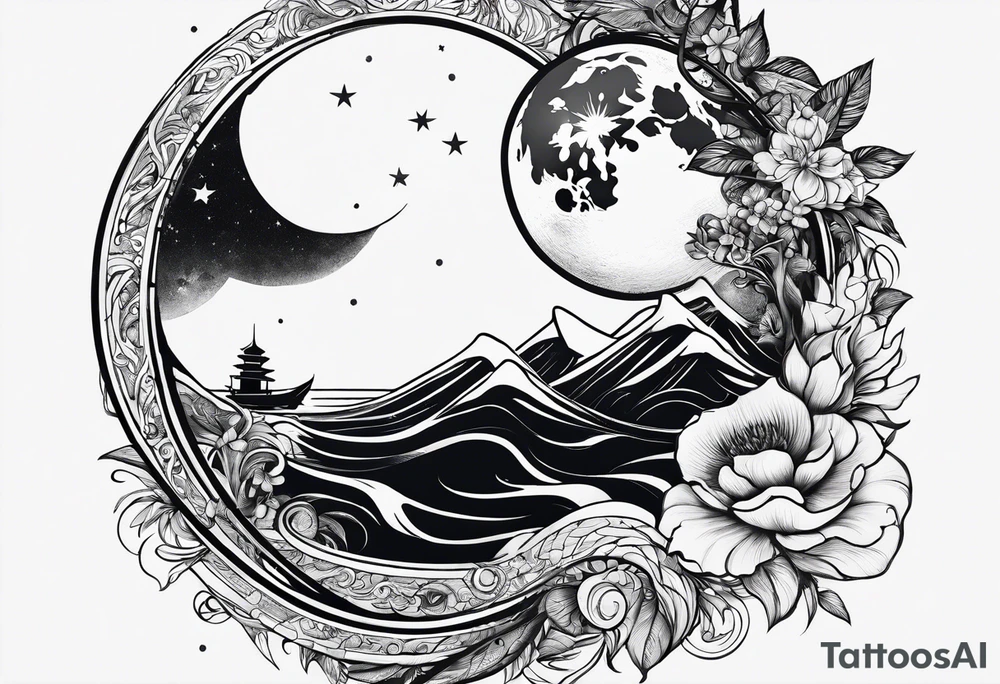 Diligent of two people on water with moon tattoo idea