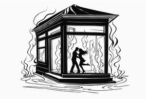 two people slow dancing in a burning room but the outside of the house is burning tattoo idea