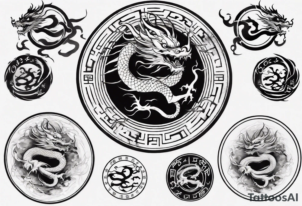 Chinese dragon in a circular shape with "02.03" written on its skin tattoo idea
