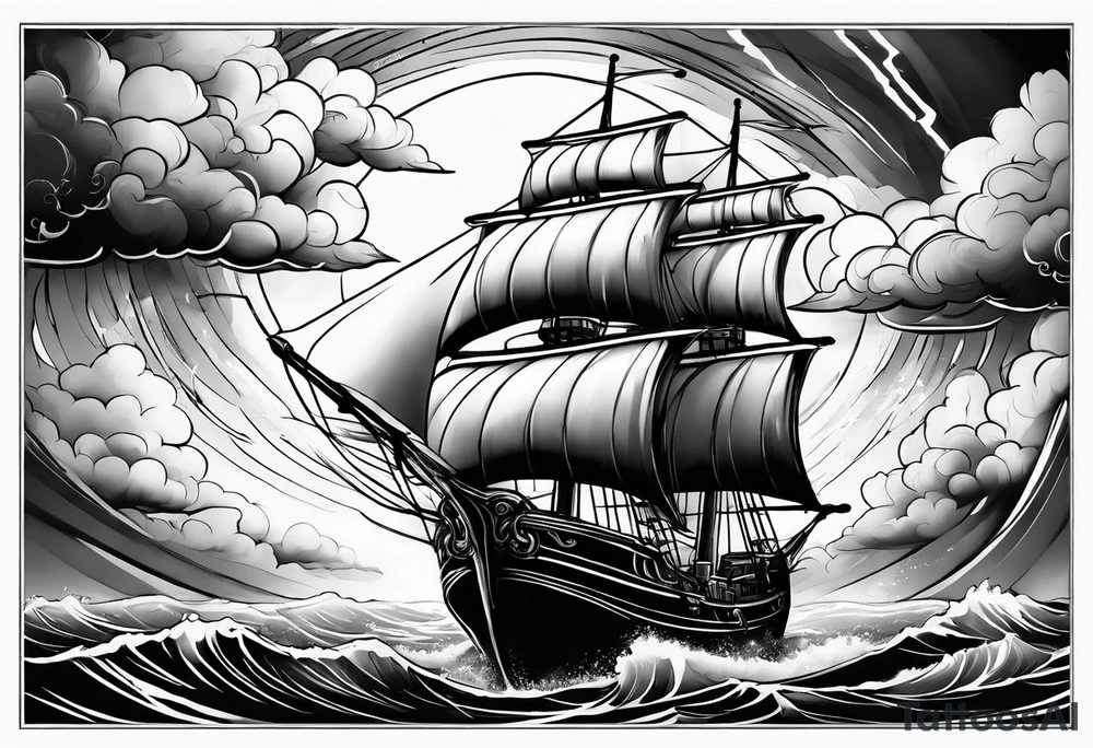 fairy Ship on the sea with storm clouds and lightning tattoo idea