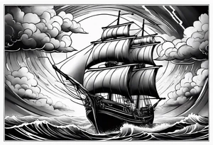 fairy Ship on the sea with storm clouds and lightning tattoo idea