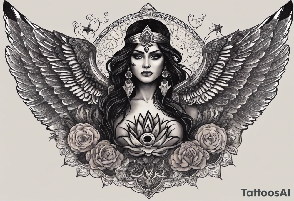 black kali, goddess pirate, alien, angel, pachamama, valkrye, warrior, flying, skull, lotus azul, wing, eagle, zenza resonance, stars, 5D, anahata chakra, death, durga, riding on a tiger, flying lady, kundalini, chest tatoo tattoo idea
