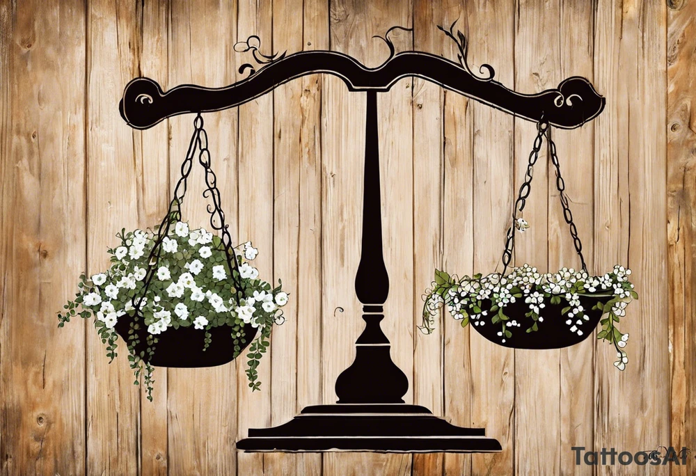 I need you to draw me a old libra scale out of tattered wood. The ends of the cross of wood need to be  broken. I need the bottom to look tattered possible cracks and holes  in wood of scale. I need vines with little white flowers wrapped all the way up the scale across the wood beam. And I want the scale bowls need to be attached by the vines. And I want the two weights of the scale to be wooden as well. They also need to look tattered. The weights need to be fastened on by the vines. I need to make it look like the ends of the vines on both scales is just loosely. I need to incorporate pieces koi fish in beautiful blues greens, and pinks.The fish need to be one on each scale balancing the scale and the tail of the left on, pointing down. the beautiful fish tail fins needs to be covering part of the tattered piece and the fish on the rights tail will be facing unpard with the fin of beauty starting to court the same pic the pieces fish need to be placed in the scale bowls the need to of large size to so theyv  Fill each scale and are persuading out the bowls tattoo idea