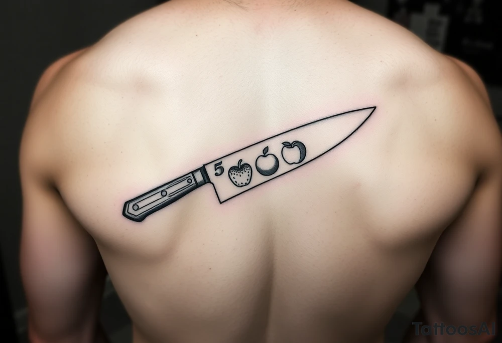 geometric fine line tattoo of a chefs knife with visual representation of the 5 tastes tattoo idea