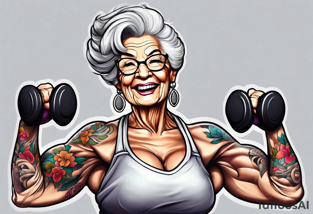 Muscular old lady showing off muscles. tattoo idea