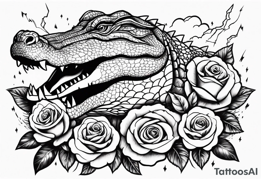 Make an arm sleeve with alligators and lightning bolts with roses scattered tattoo idea