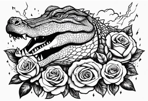 Make an arm sleeve with alligators and lightning bolts with roses scattered tattoo idea