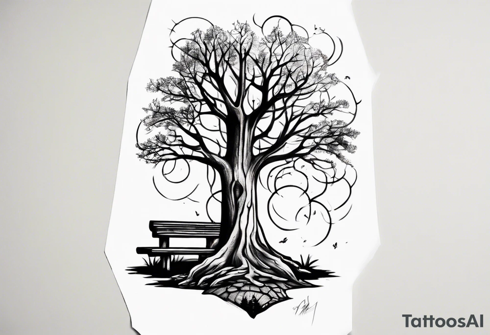 Tattoo about a tree next to a log bench tattoo idea