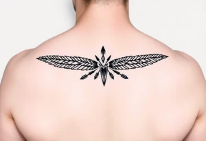 Armband, black geometric pattern, seamless band wrapping around arm with stylized feathers, arrows and wolf teeth in symmetrical arrangement. tattoo idea