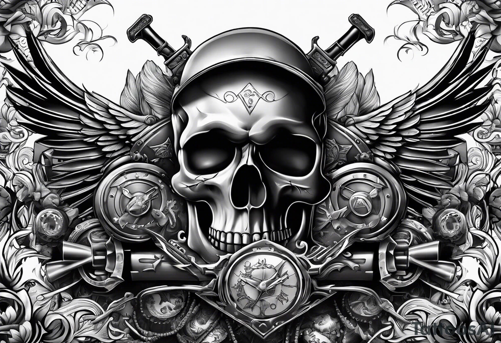 skulls with motorcyles along with guns and money tattoo idea