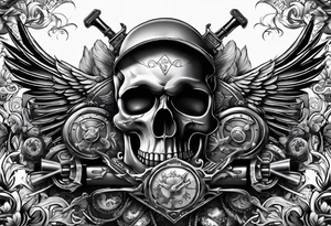 skulls with motorcyles along with guns and money tattoo idea