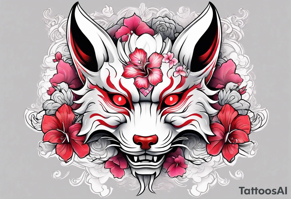 White half broken kitsune oni mask with red accents and pink hibiscus flowers tattoo idea