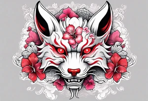 White half broken kitsune oni mask with red accents and pink hibiscus flowers tattoo idea