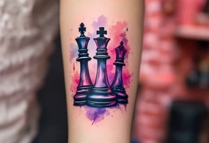 A soft watercolor blend of purples and reds behind a black ink king and queen chess piece. tattoo idea