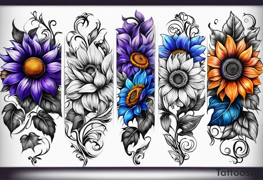 Full leg sleeve with purple, orange and blue sunflowers tattoo idea
