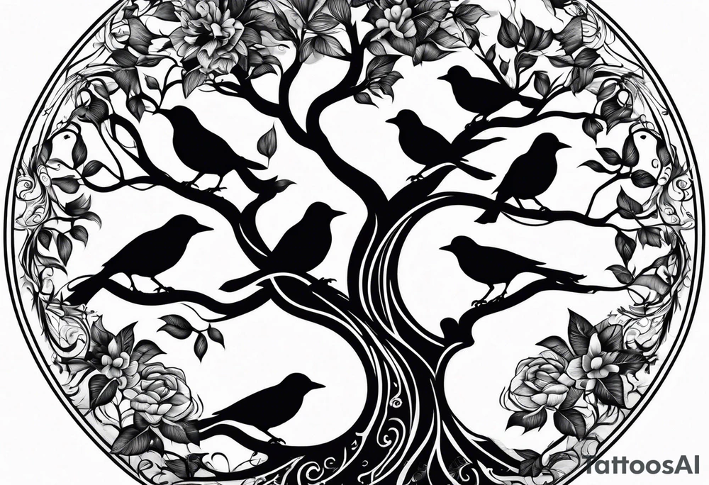 family tree with 6 black birds and cadinal tattoo idea