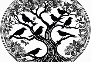 family tree with 6 black birds and cadinal tattoo idea